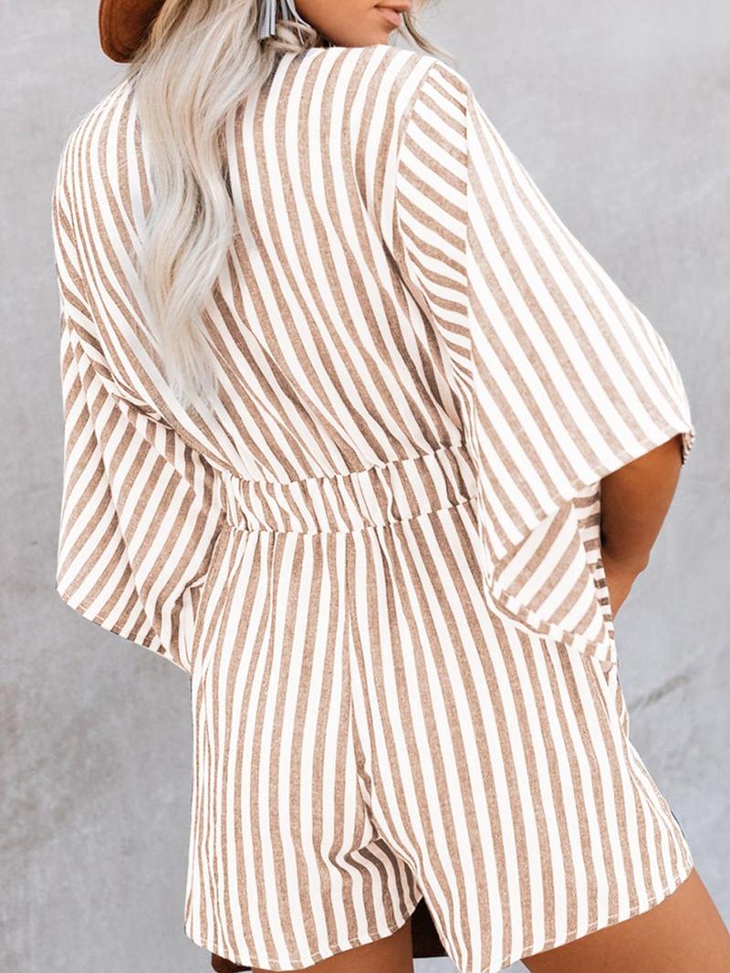 Product Introduction of Women's Striped Print Knot Front Romper, Casual Batwing Sleeve Pocket Jumpsuit, Ladies Clothes for Summer Daily Wear 8