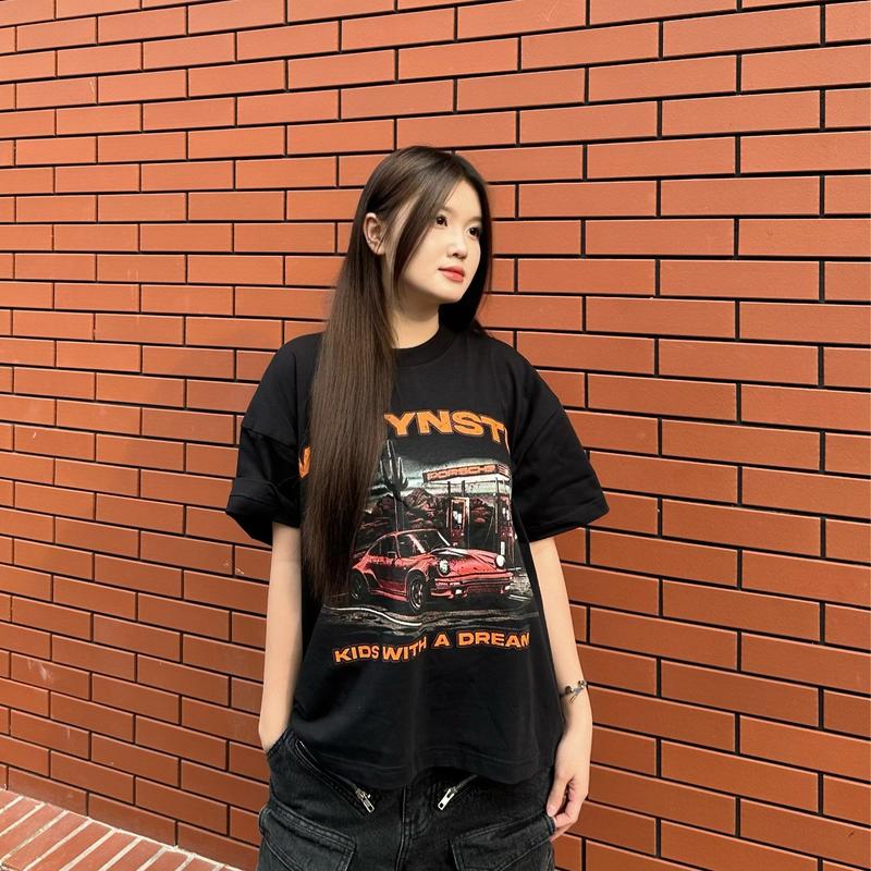 【Chất liệu 100% cotton】Áo thun boxy porsche màu đen vải đã được xử lý co rút Nam Unisex Menswear Cổ Tròn chỉ giặt tay đen l đen tay nâu sang trọng đầy màu sắc-9 đẹp Top Nữ Women 2