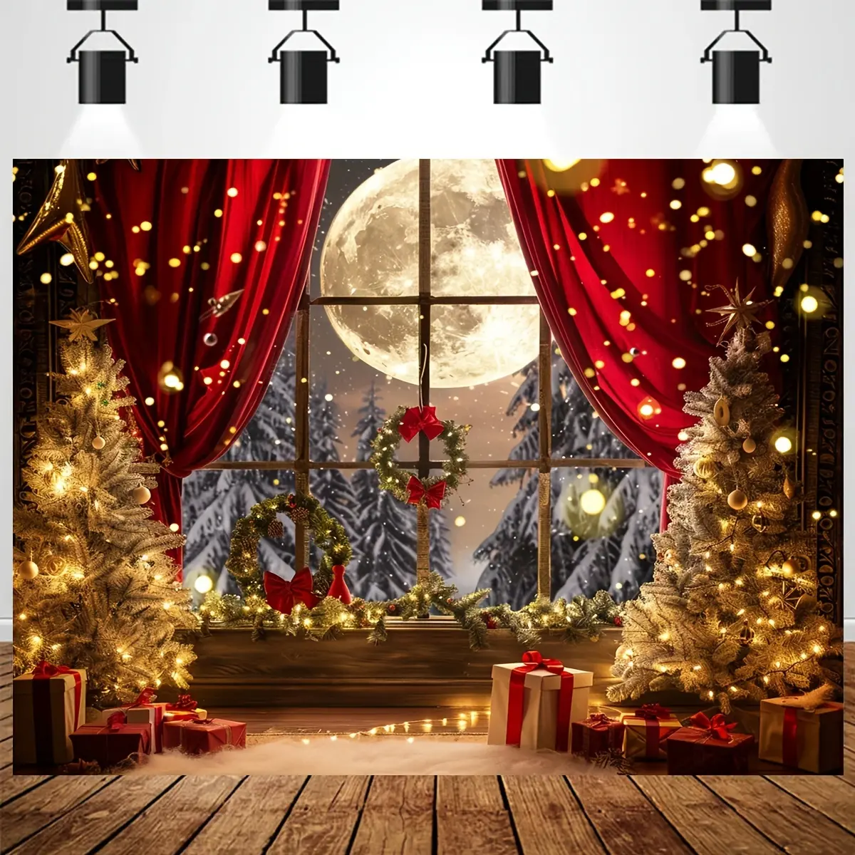 Phông nền cửa sổ cây thông Noel và mặt trăng mọc đầy đủ, phong cách Mộc Mạc Thích hợp cho chụp ảnh Vinyl, Nền Studio, Cảnh cửa sổ bằng gỗ Mộc Mạc Giáng sinh mùa đông, Trang trí gian hàng ảnh lễ hội và ngày lễ