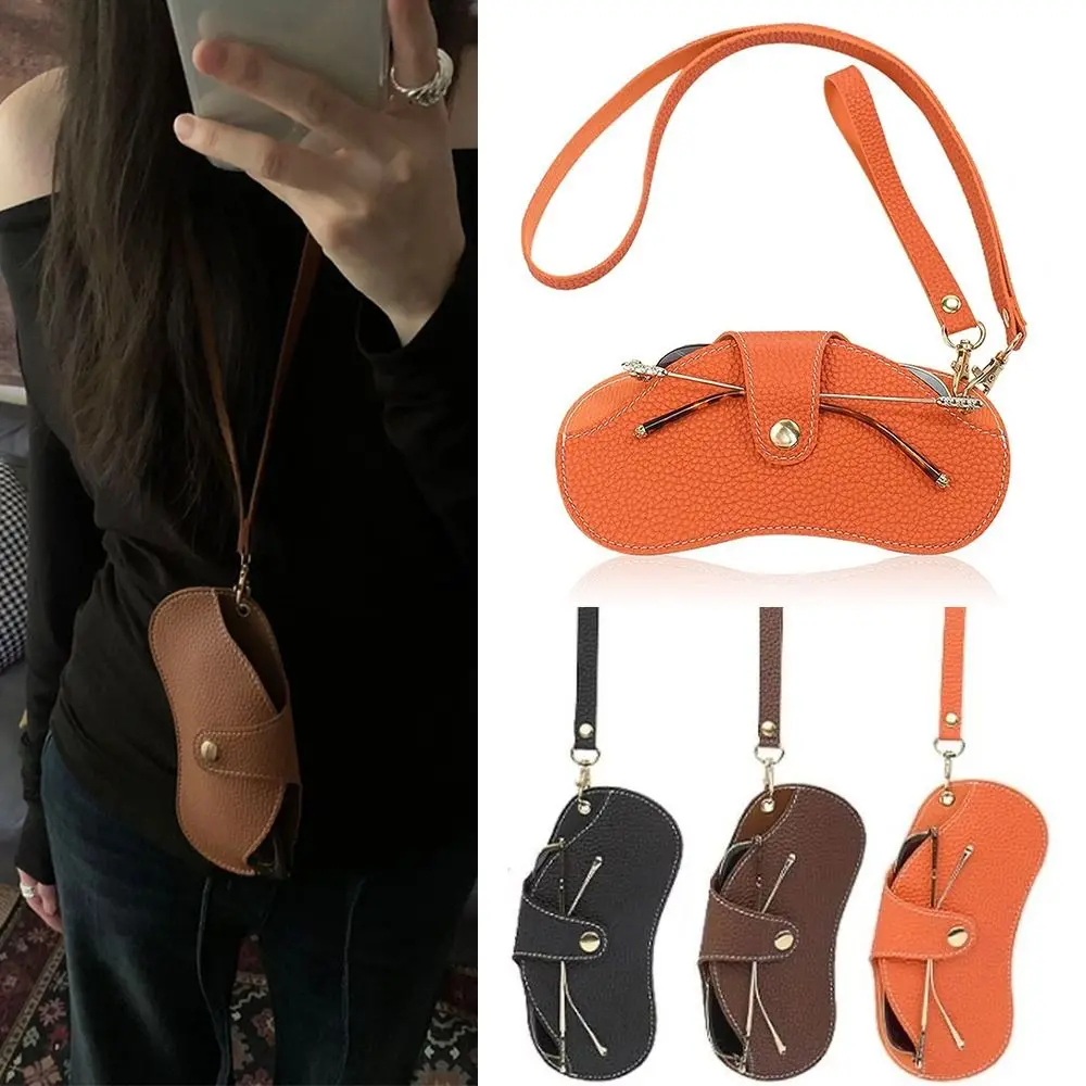 Fashion Korean Style PU Leather Glasses Bag Buckle Outdoor Glasses Storage Bag Hanging Neck Wrist Travel Sunglasses Eyeglass Bag Case