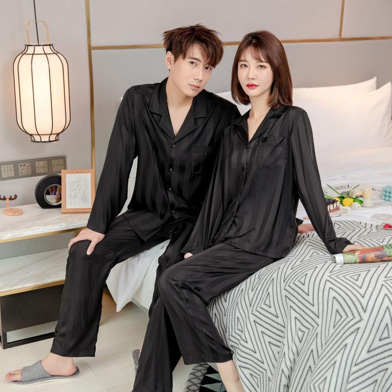 Bộ đồ ngủ nam nữ , bộ lụa xuân thu dài tay sọc đen  chất lụa cao cấp Áo Nhung 0