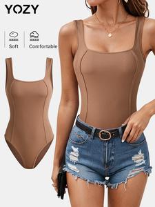 YOZY Women's Solid Ribbed Square Neck Bodysuit, Elegant Fashion Casual Button Closure Crotch Sleeveless Bodysuit for Daily Outdoor Wear, Women Clothing for All Seasons