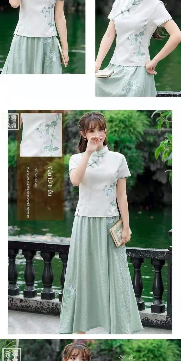 Product Introduction of Bộ Đồ Hai Mảnh Phong Cách Trung Quốc Chất Liệu Vải Lanh Bông Cổ Điển Thiết Kế Có Khóa Kéo, Thêu, ngắn Tay, Thích Hợp Cho Nghệ Thuật Trà, Bộ Đồ Sườn Xám Cải Tiến, Váy, Dành Cho Nữ 5