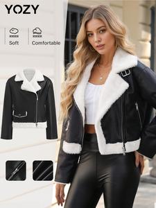 YOZY Women's Colorblock Contrast Faux Fur Trim Pocket Lapel Collar Jacket, Casual Asymmetrical Long Sleeve Zip Up Outerwear for Daily Wear