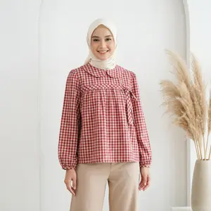 CHICMORE Atasan Kemeja Wanita Modern Kerah Boneka dengan Motif Kotak Dan Pita Di Depan