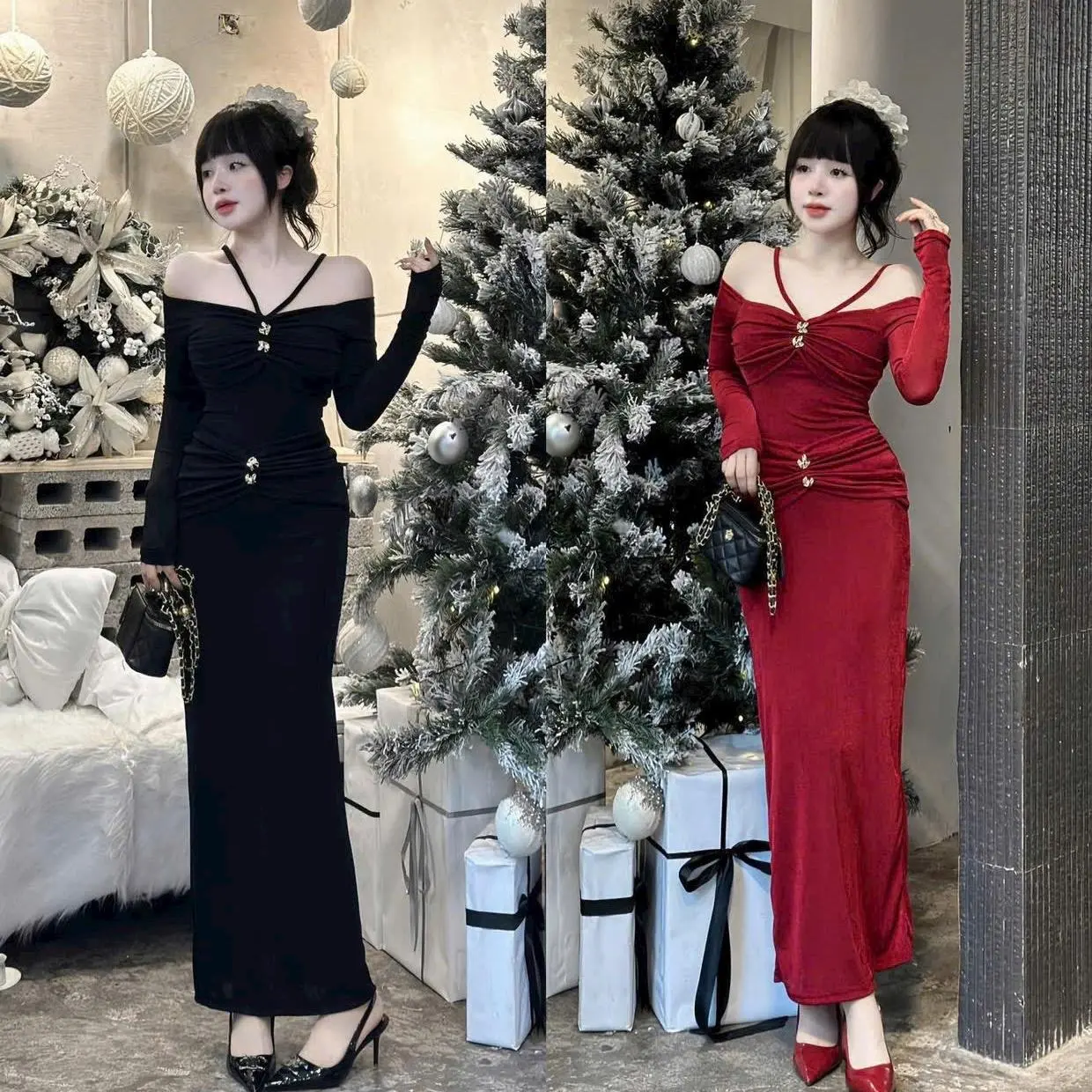 VÁY BODY DÁNG DÀI SANG CHẢNH ĐI TIỆC VAI MIX DÂY CỘT CHẤT LADONG