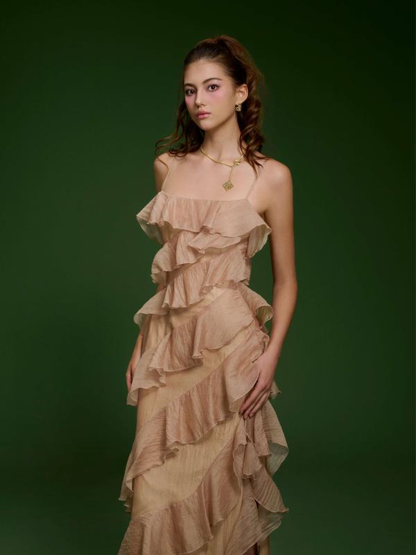 Váy dài hai dây tơ lụa xếp tầng màu nâu - Isabella Dress 5