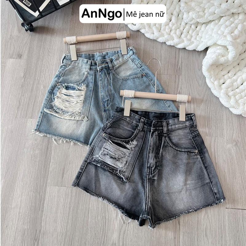 Quần short jean nữ lưng cao ống rộng túi kiểu cá tính, chất jean denim không co giãn Anngo - AT316