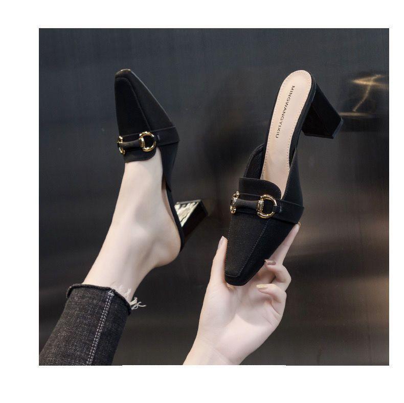 Product Introduction of Open-Toe Half Slippers for Women New French Style Square Toe Sandals Off-White Chunky Heel High Heel Sandals 5