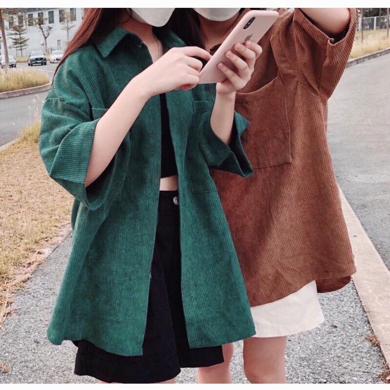 Áo sơ mi nhung tăm nữ nam unisex dáng rộng tay ngắn , áo khoác nhung tăm nam nữ unisex