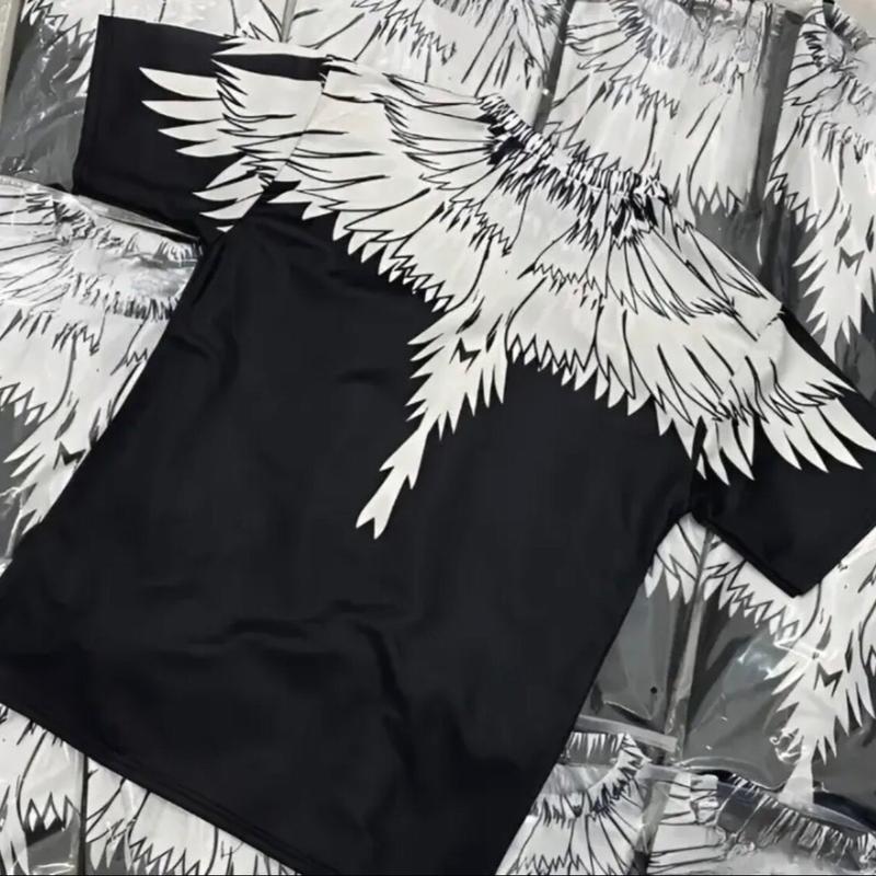 Áo Phông Nam Nữ Hình In Đôi Cánh Đại Bàng Trắng . Cổ Hai Mặt. Thời Trang Mùa Hè 2023 Menswear Top Cổ tròn