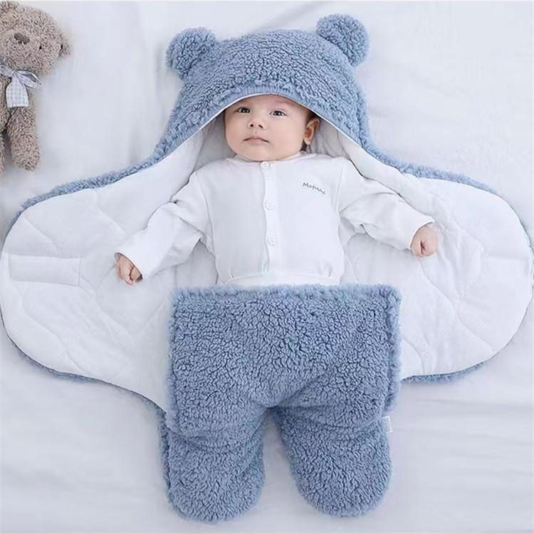 Chăn Ủ Sơ Sinh Mùa Thu Đông Giữ Nhiệt Cho Bé - Vải Ngoài Lông Cừu Mềm Mịn Họa Tiết Tai Gấu Đáng Yêu Voi