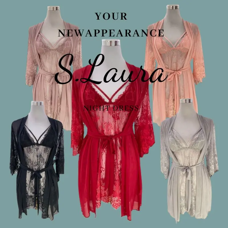 (MAX 40-85KG) Transparent Lace Sleepwear Set with Robe Lingerie Baju Tidur Wanita SLPS046