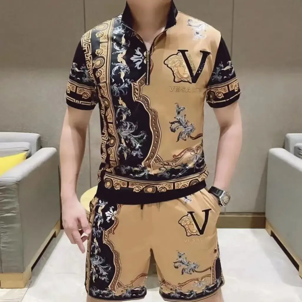 Summer Polo Shirt Men's Shorts Two-Piece Set High-End Fashion Printing Sports Suit