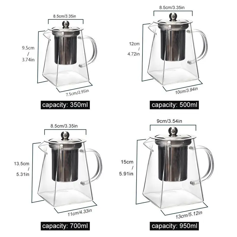 Glass Tea Pot with Removable Stainless Steel Filter & Handle, Clear Square Tea Pot & Tea Cup Set, Tea Making Tool for Home Office Use, Home Accessories, Kitchen Accessories 1