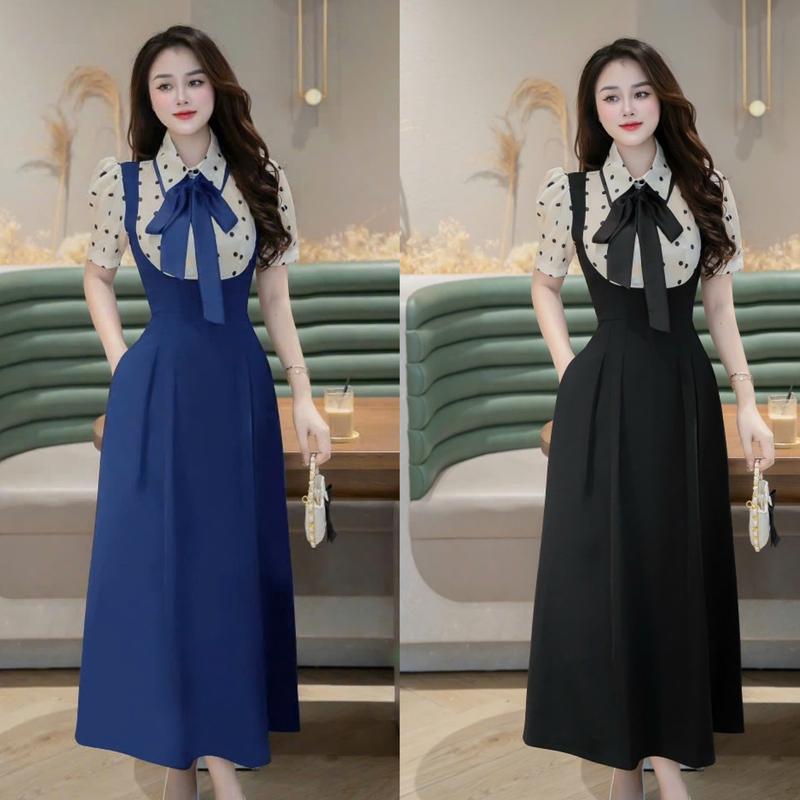 Váy Dự Tiệc Chấm Bi Đính Nơ Vải Lụa Măng Gồ Phối Cotton 40 - 95Kg Thời Trang Nữ Béo Xinh Shop