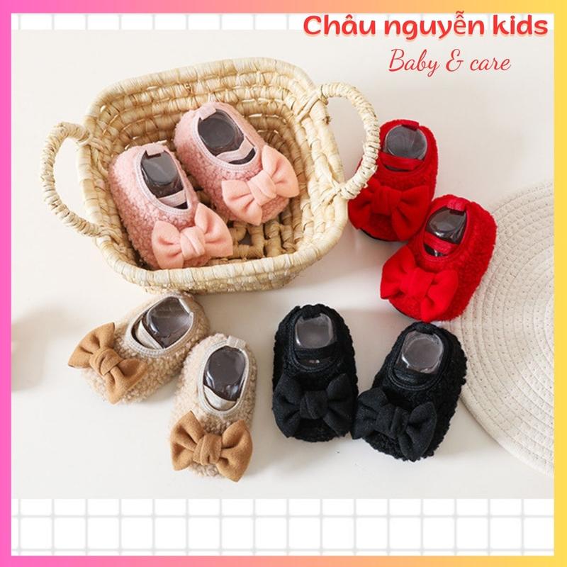  Giày tập đi chống trơn trượt giày bông xù đính nơ nhung siêu dễ thương cho bé gái Chaunguyenkids 