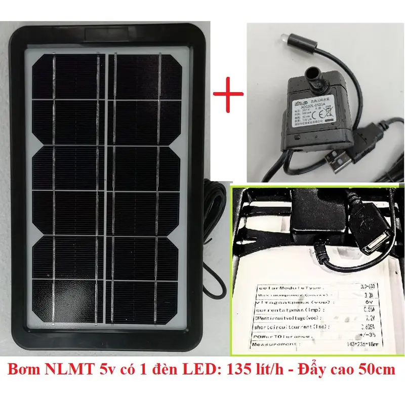 Bơm chìm hồ cá 12v DC 1.5-4W Kèm Pin Năng Lượng Mặt Trời 3.5W 3