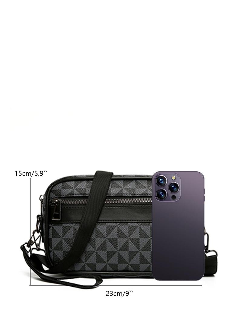 Product Introduction of Men's Casual Geometric Pattern Zipper Crossbody Bag, 2025 New Style Fashionable PU Leather Shoulder Bag for Daily Used, Casual Trendy Versatile High-quality Daily Commuting Bag 1