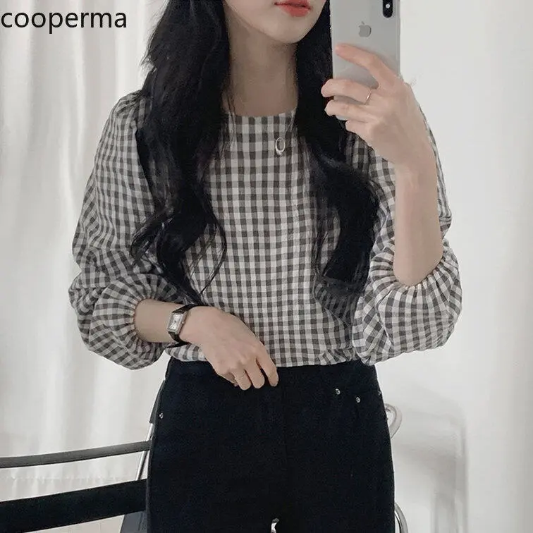 Korean Style Loose Round Neck Plaid Blouse Women Casual Tee Top Pullover