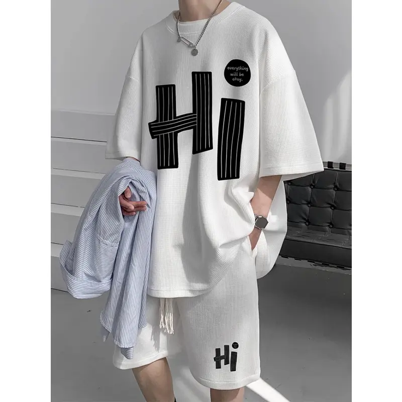Lotto sportswear short sleeve loose large size waffle printed shorts men Hong Kong style summer suit Pants Formal