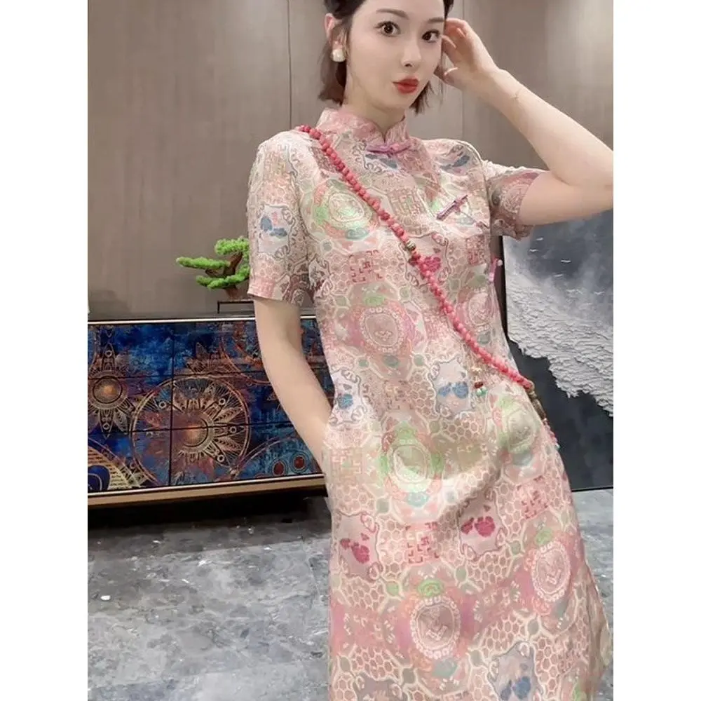 Women's short-sleeved cheongsam/2024 summer new Chinese style temperament fashion cheongsam short-sleeved dress women's print stand-up collar button-down medium and long dress
