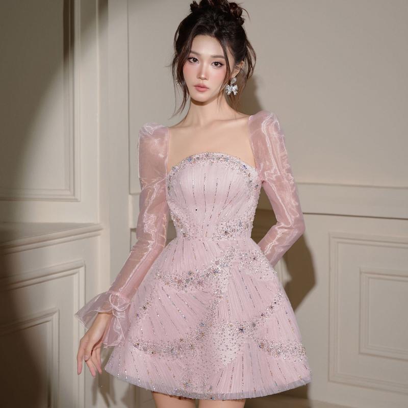 LOVELYN Váy dự tiệc ROSALIE đính đá hồng pastel Nữ Women Dress váy  voan Váy xinh sang chảnh đầm  màu