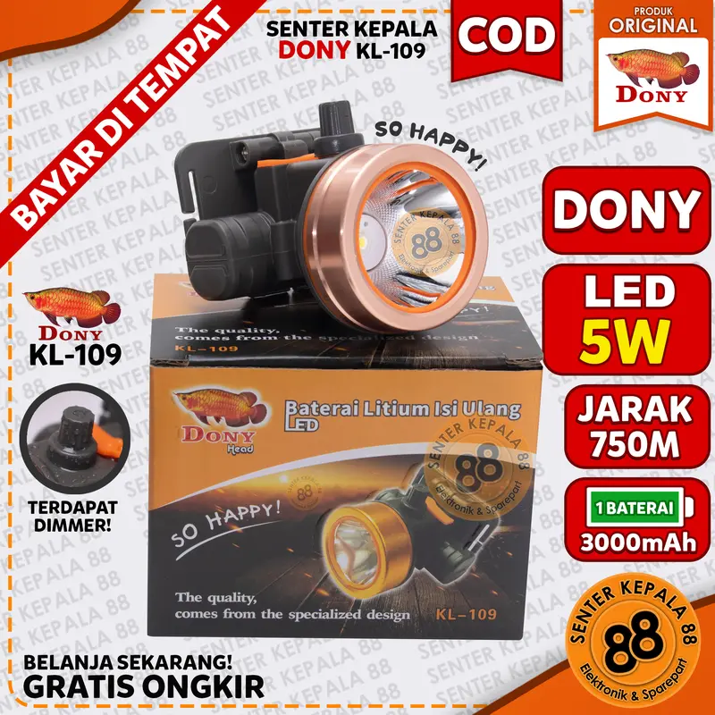 DONY Senter Kepala Dony KL 109 So Happy Doni Cas Mini LED Super Terang Jarak Jauh 7 WATT 7w Murah 0