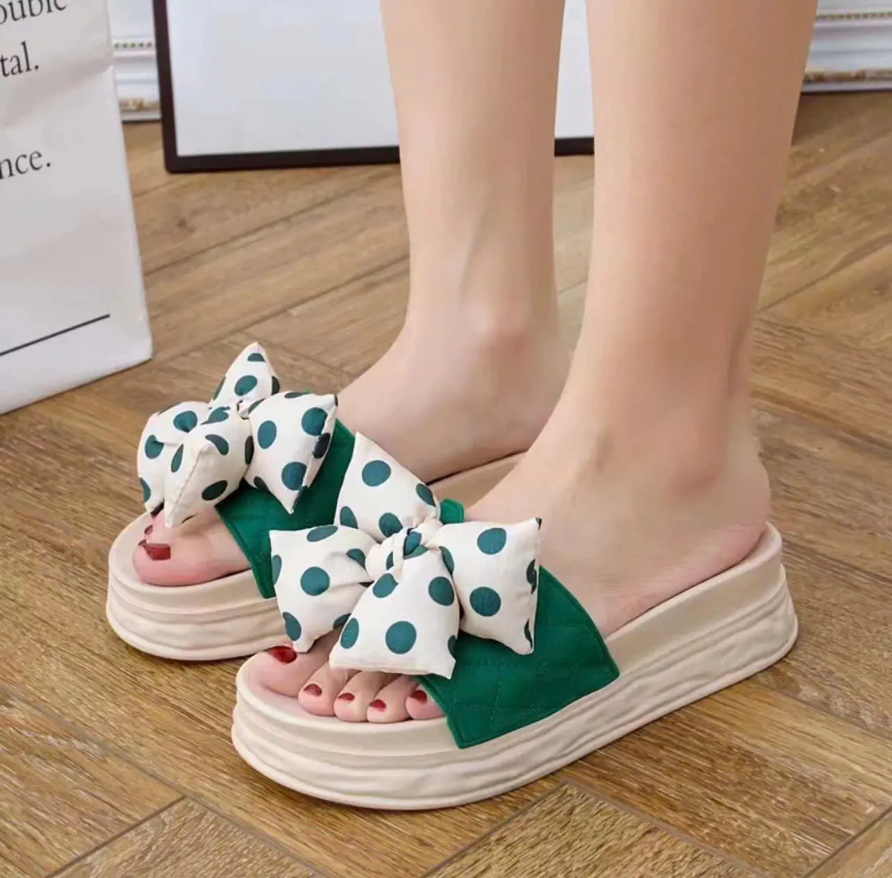 Dép bánh mì Nơ Chấm Bi thời trang - Siêu bền, quai da phồng đi êm chân - Shoes, Nữ