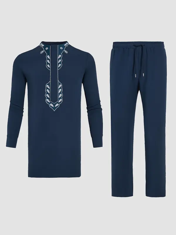 Two-Piece Set Men's Embroidery Trim Split Hem Top & Pants, Regular Fit Casual Long Sleeve Round Neck Top & Trousers for Daily Wear, Men's Clothing for All Seasons 3