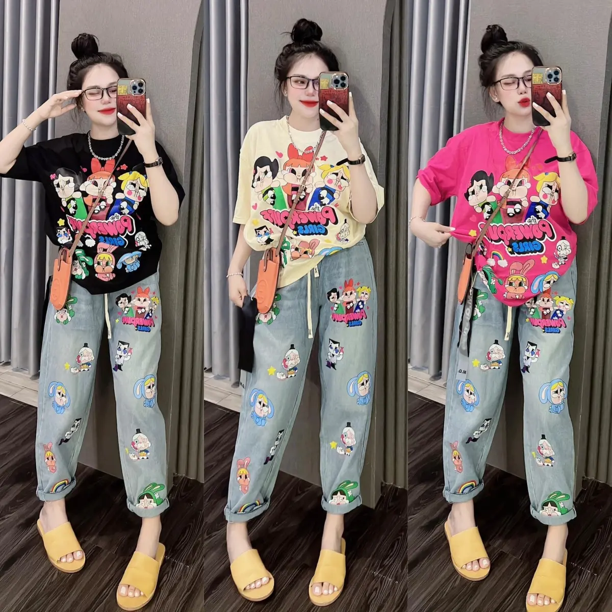 Fashion Suit Women's All Season New Loose Cartoon Short-Sleeved Design Printed Wide-Leg Pants Sports Two-Piece Women's Clothing Womenswear Lingerie Comfort Longsleeve