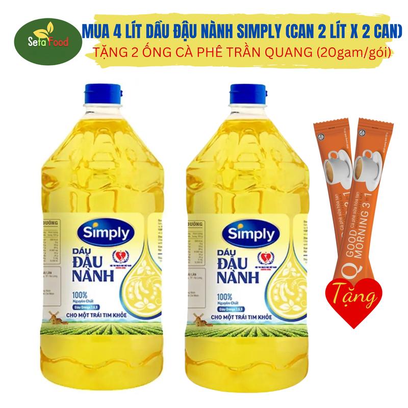 [4 LÍT TẶNG 2 GÓI CÀ PHÊ] Dầu Ăn Simply Combo 2 Can Dầu Đậu Nành Can 2 Lít - TẶNG 2 ống cà phê good morning Trần Quang gói 20g dầu mỡ đậu nành nguyên chất không cholesterol