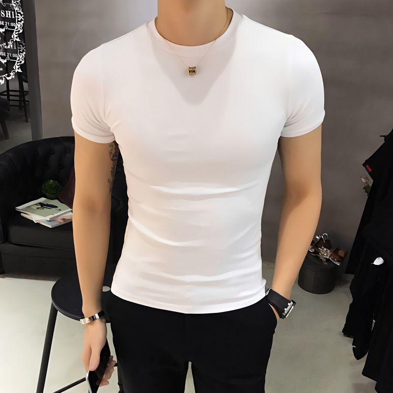 Áo Thun Trắng, ngắn Tay Nam, Ôm Sát, Thương Hiệu Thời Trang, Cổ Tròn, Chất Liệu Cotton, Áo Mùa Hè, Tay Lửng Bó Sát Màu Trơn Áo Sơ Mi Lớp Nền