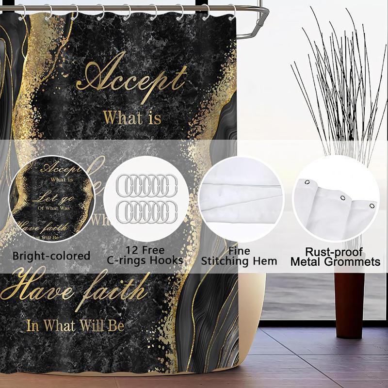 Marble Pattern Bathroom Accessories, 1 Set Including Shower Curtain with 12 Hooks, Non Slip Bath Mat, U Shaped Rug, Toilet Lid Cover, Bathroom Decor Supplies 5