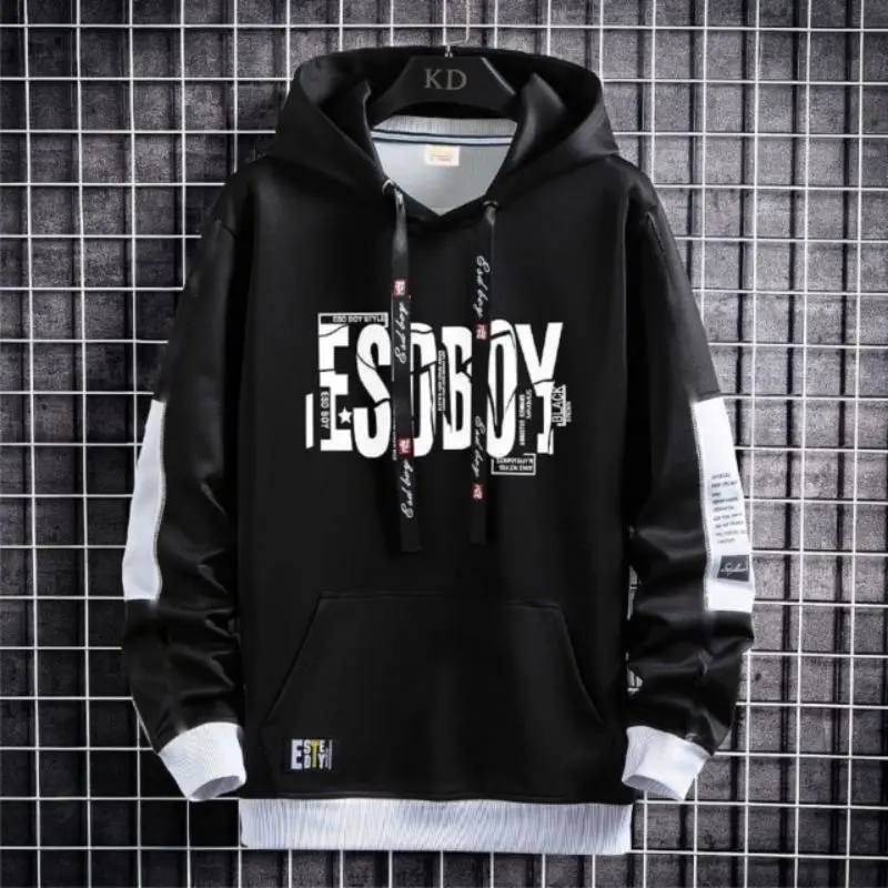 Hoodie Sweater Pria Esoboy Hitam Abu Putih Bahan Flecee Size L XL