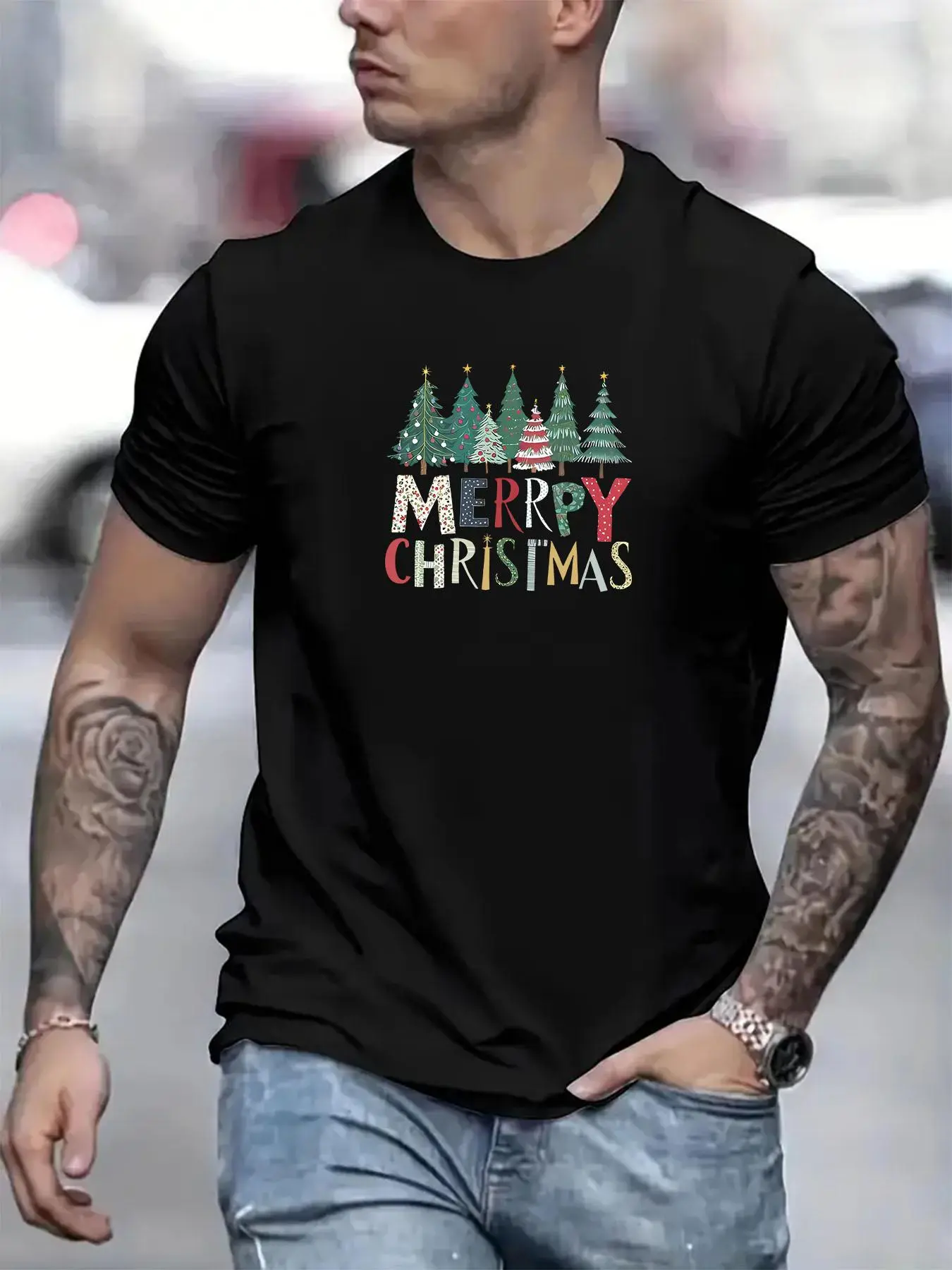 Men's Cartoon Christmas Tree Print Round Neck Tee, Regular Fit Casual Short Sleeve Crew Neck T-Shirt for Summer, Fashion Men's Top for Daily Wear