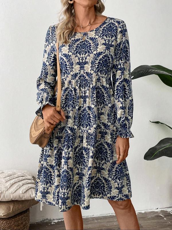 Women's All Over Floral Print Plicated Flounce Sleeve Dress, Casual Long Sleeve Round Neck Short Dress for Daily Wear, Ladies Clothes for All Seasons, Womenswear 3