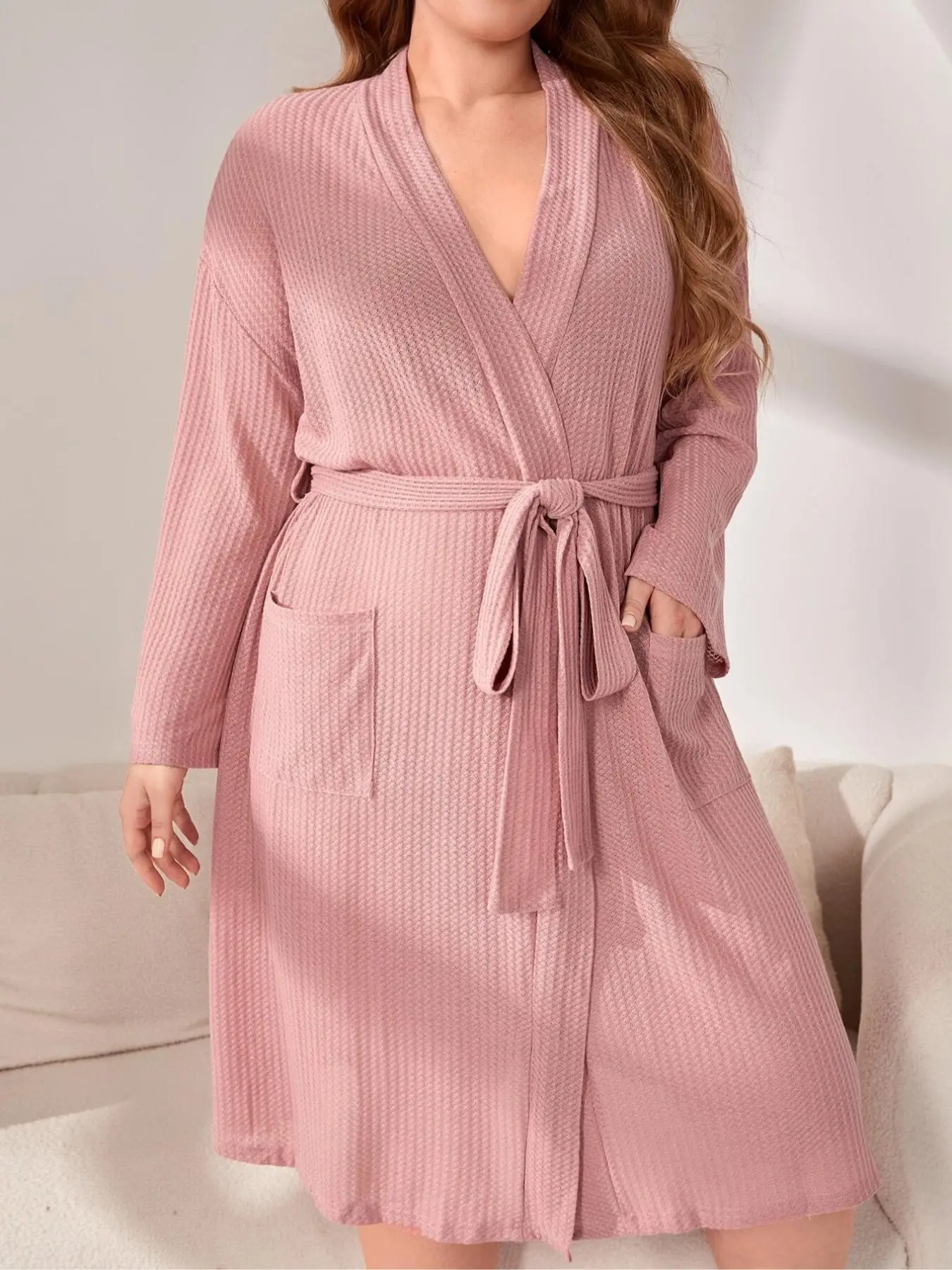 1 Piece Plus Size Plain Textured Drop Shoulder Long Sleeve Belted Wrap Lounge Robe, Casual V Neck Pocket Pajama Robe,  Womens Clothes, Women's Sleepwear for All Seasons Valentine's Day, Gift