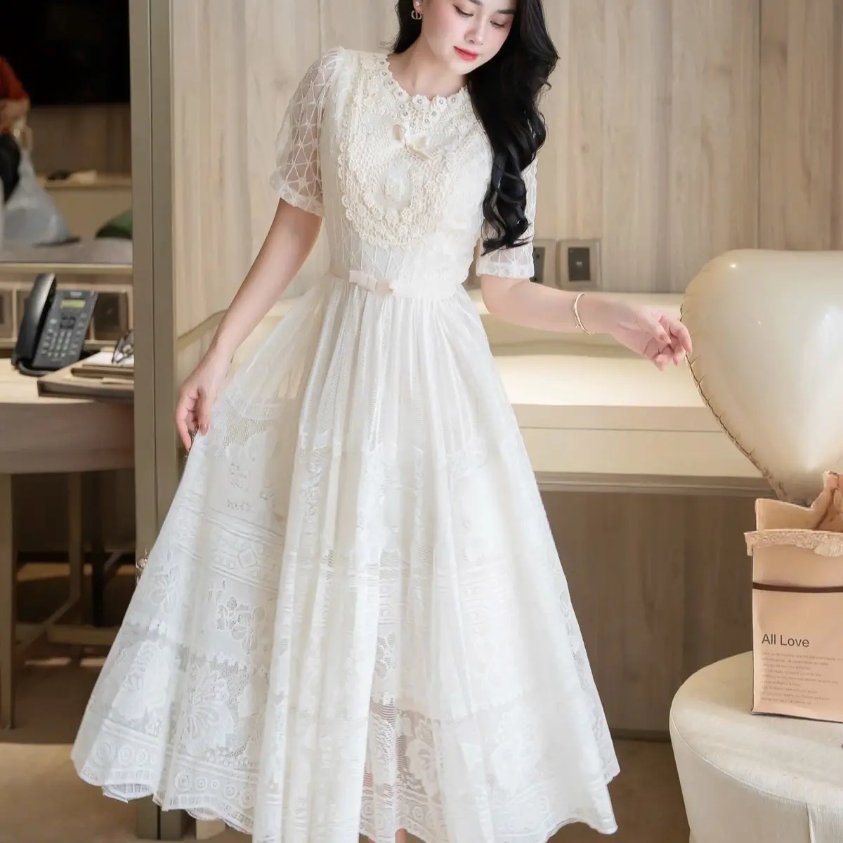 Váy ren hoa ngực nơ eo SML Women Dress - Thiết kế dự tiệc đầy quyến rũ - Nữ Voi