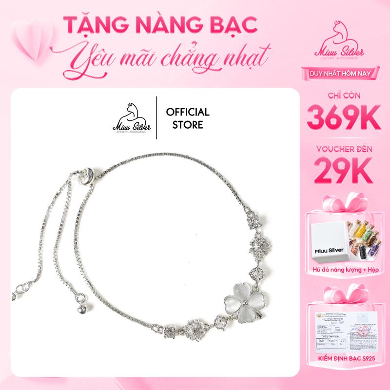 [Tặng 1 hũ đá phong thuỷ] Vòng tay bạc Miuu Silver, lắc tay dây rút điều chỉnh size cỏ 4 lá Miracle Clover