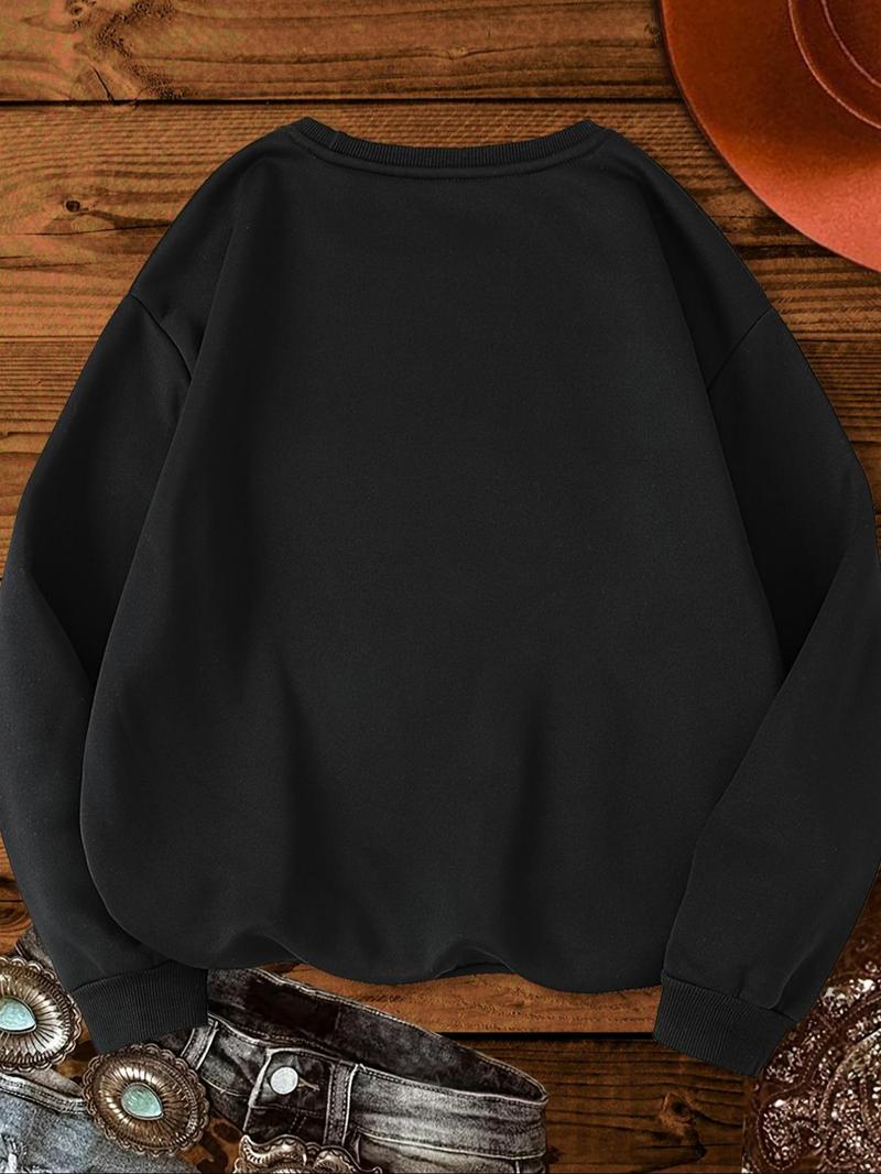 Product Introduction of Women's Cowboy & Letter Print Drop Shoulder Sweatshirt, Casual Long Sleeve Round Neck Pullover for Fall & Winter, Ladies Clothes for Daily Wear 2