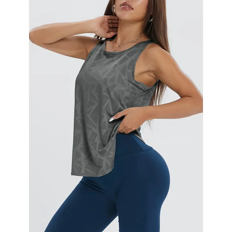 Women'S Breathable Geometric-Patterned Sleeveless Tank Top - Light Gray & Black, Round Neck, Stretchy & Comfortable for Fitness, Running & Outdoor Activities