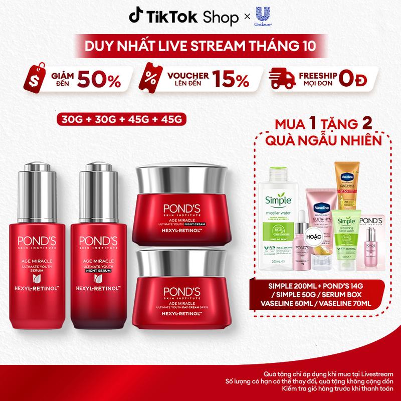 Bộ Skincare 2 Serum và 2 Kem Dưỡng Ngày & Đêm Pond's Age Miracle Hỗ Trợ Mờ Đốm Nâu, Nếp Nhăn với 50X Hexyl-Retinol 30G+30G+45G+45G Nữ [1]
