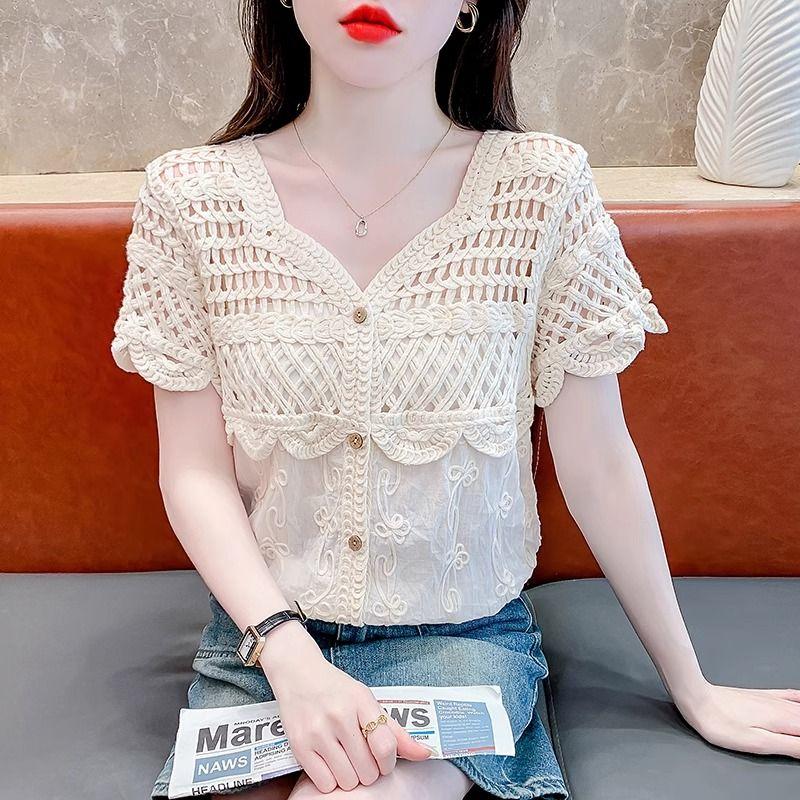 Product Introduction of Áo Cánh Ren khoét Cổ Chữ V, Thiết Kế Độc Đáo Dành Cho Nữ, Phong Cách Thanh Lịch, Trẻ Trung, Bó Sát, Áo ngắn Tay Bộ Sưu Tập Người, Mùa Hè 2024, Hàng Mới Về, [3311] 1