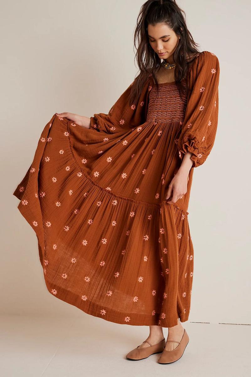 Product Introduction of Women's Floral Embroidery Frill Trim Shirred Flounce Sleeve Dress, Boho Fashion Long Sleeve Square Neck A Line Dress for Daily Holiday Vacation Wear, Ladies Dress for All Seasons, Dresses for Women, Spring Dress Casual Womenswear jaded london  dress 15
