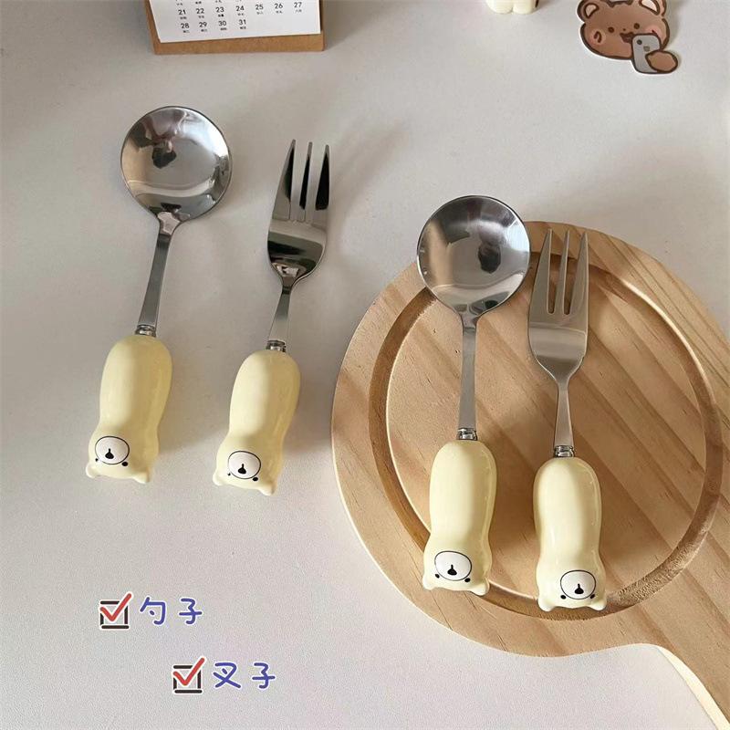Product Introduction of Bear rice short handle cute spoon set ceramic fork cartoon children household dessert spoon dining Cutlery Tableware 2
