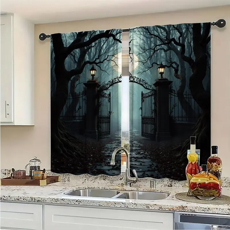 Moonlight Forest Pattern Door Curtain, 1 Set Halloween Themed Door Curtain, Home Decor for Living Room Bedroom, Vanity Decor Accessories 3