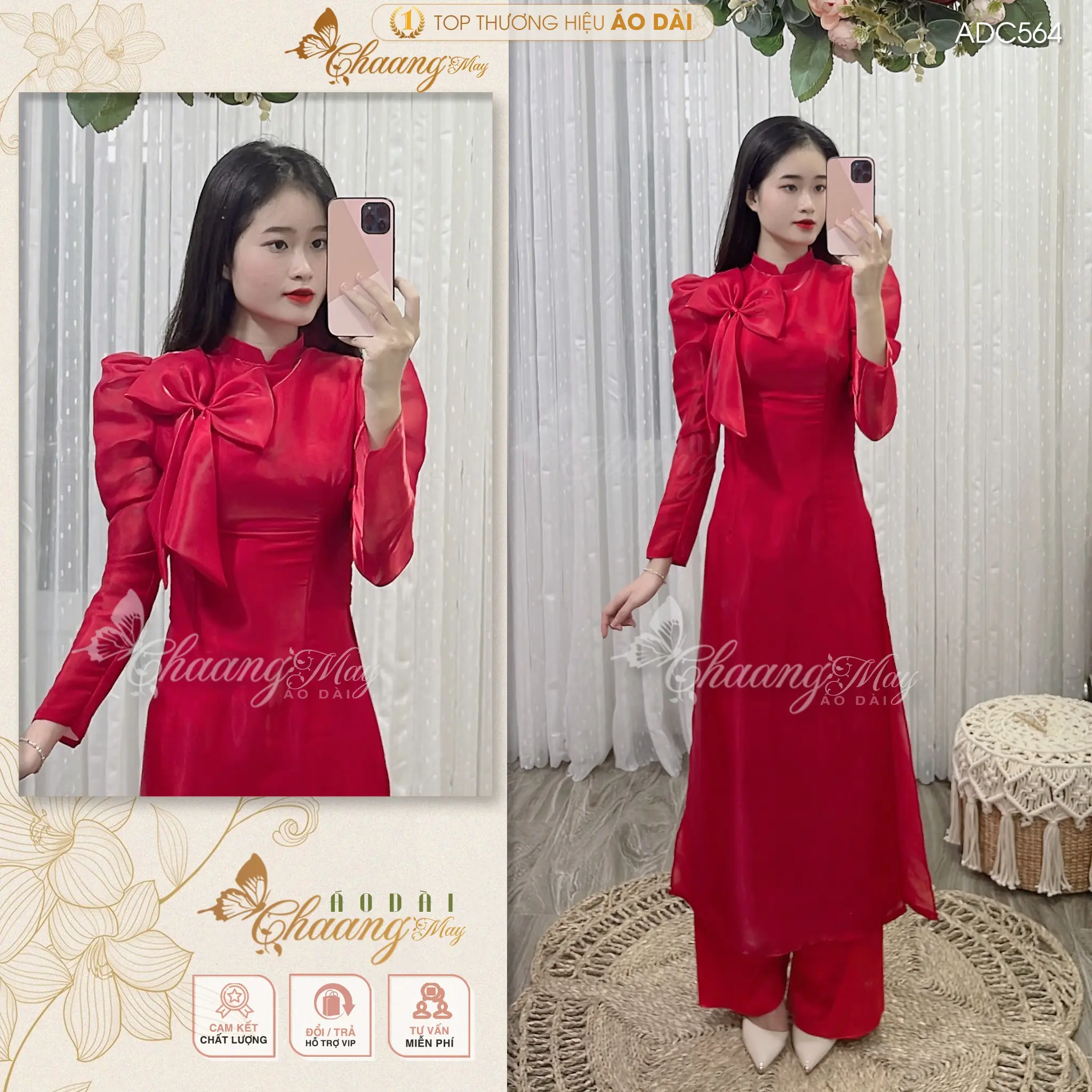 Áo dài cách tân nữ đính nơ tơ óng Chaang May Sẵn ADC564 4 Tà Tay Bồng Lỡ Đẹp Women Dress Nhung Ong