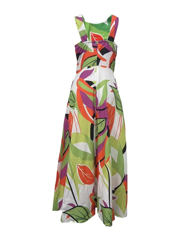 Women's Random Leaf Print Pocket Zipper Cami Dress, Casual Sleeveless Round Neck Long Dress for Beach Holiday Vacation, Ladies Clothes for All Seasons, Womenswear, Sun Dress 4