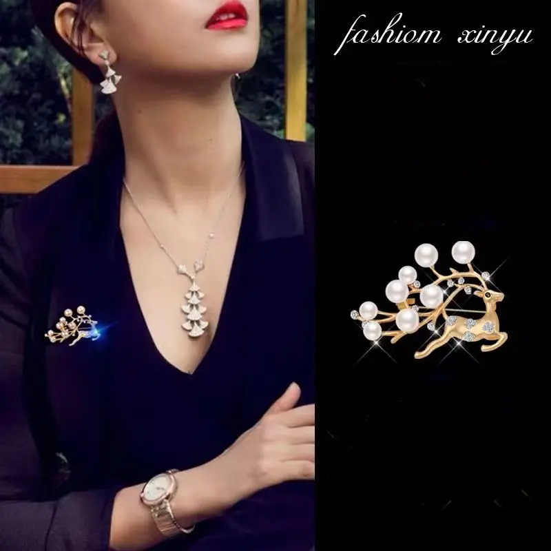 Delapan Manik-Manik Sika Rusa Bros Bros Natal Bros Lapis Emas Mutiara Bros Brooch Syal Sutra Gesper Anti Silau Gesper Pin Mutiara Perhiasan Aksesoris